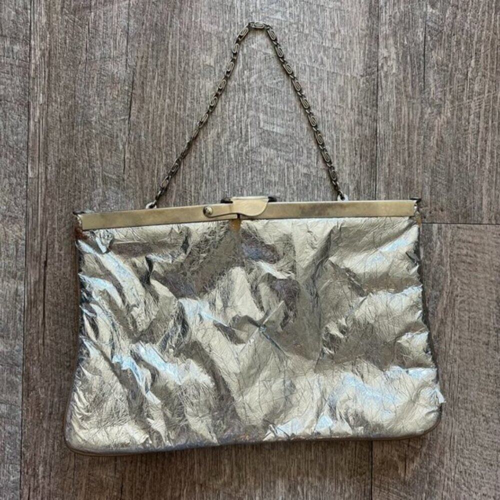 Vintage 50s Silver Metallic Foil Clutch Handbag Kiss Lock Chain Strap Purse Bag